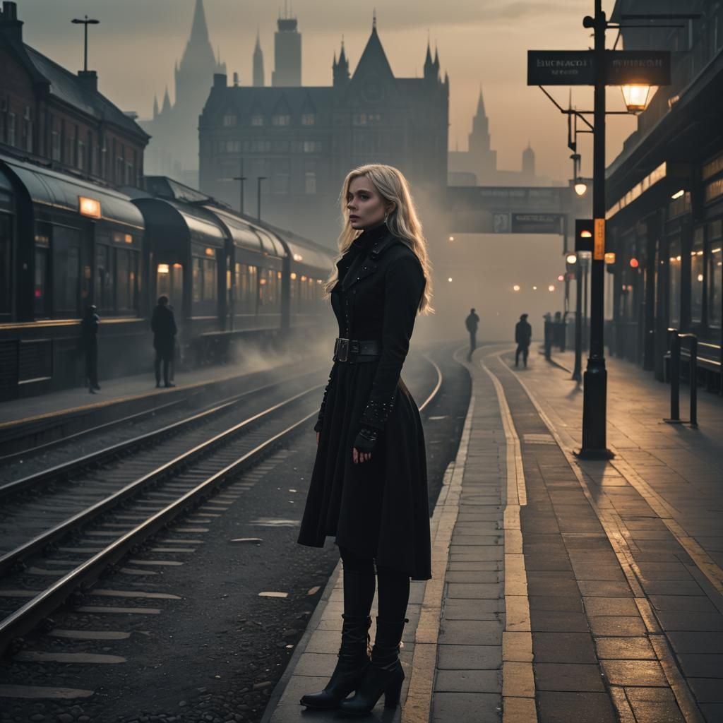 Gothic Woman at Train Station in London Fog