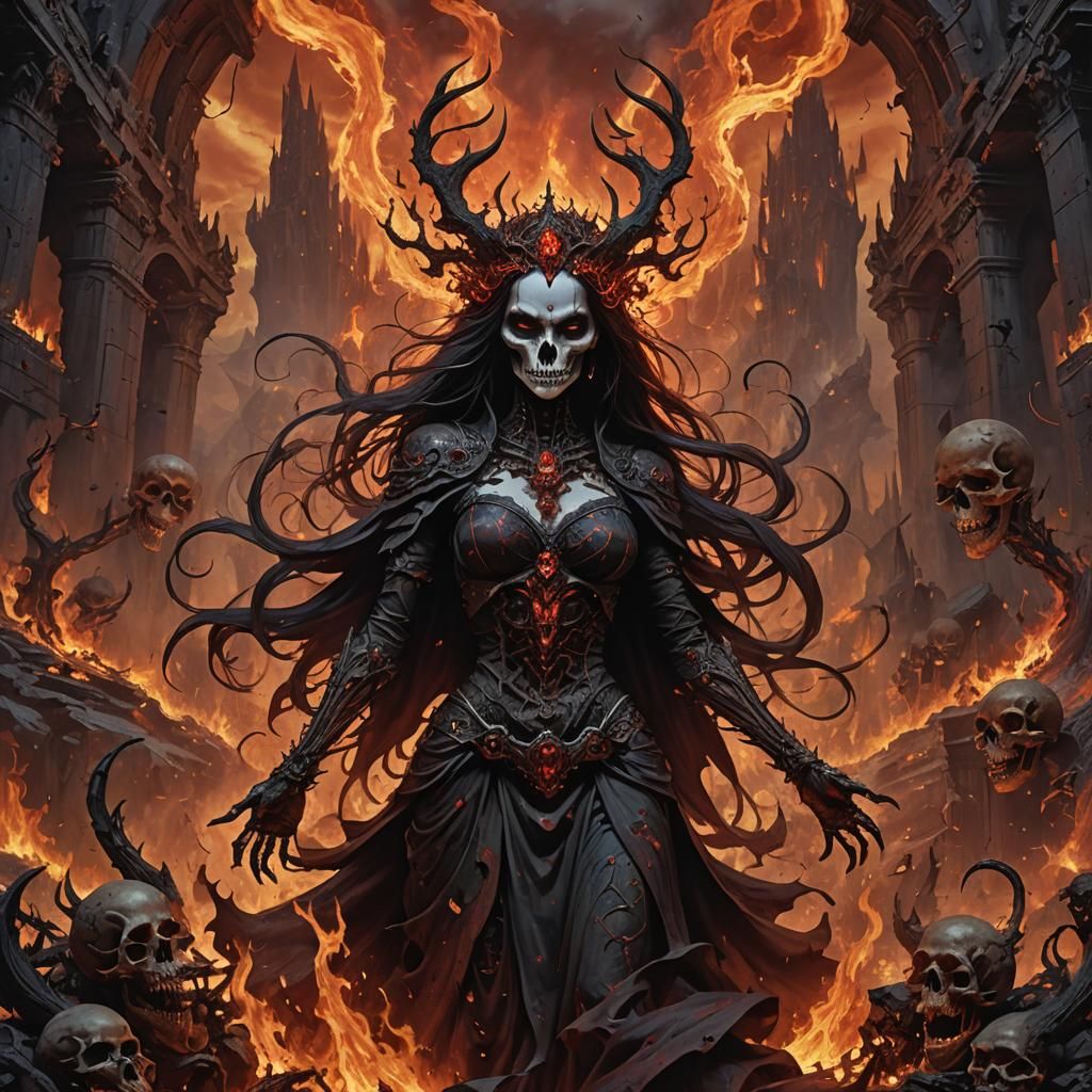 Dark Fantasy Queen Lilith in Hellish Landscape