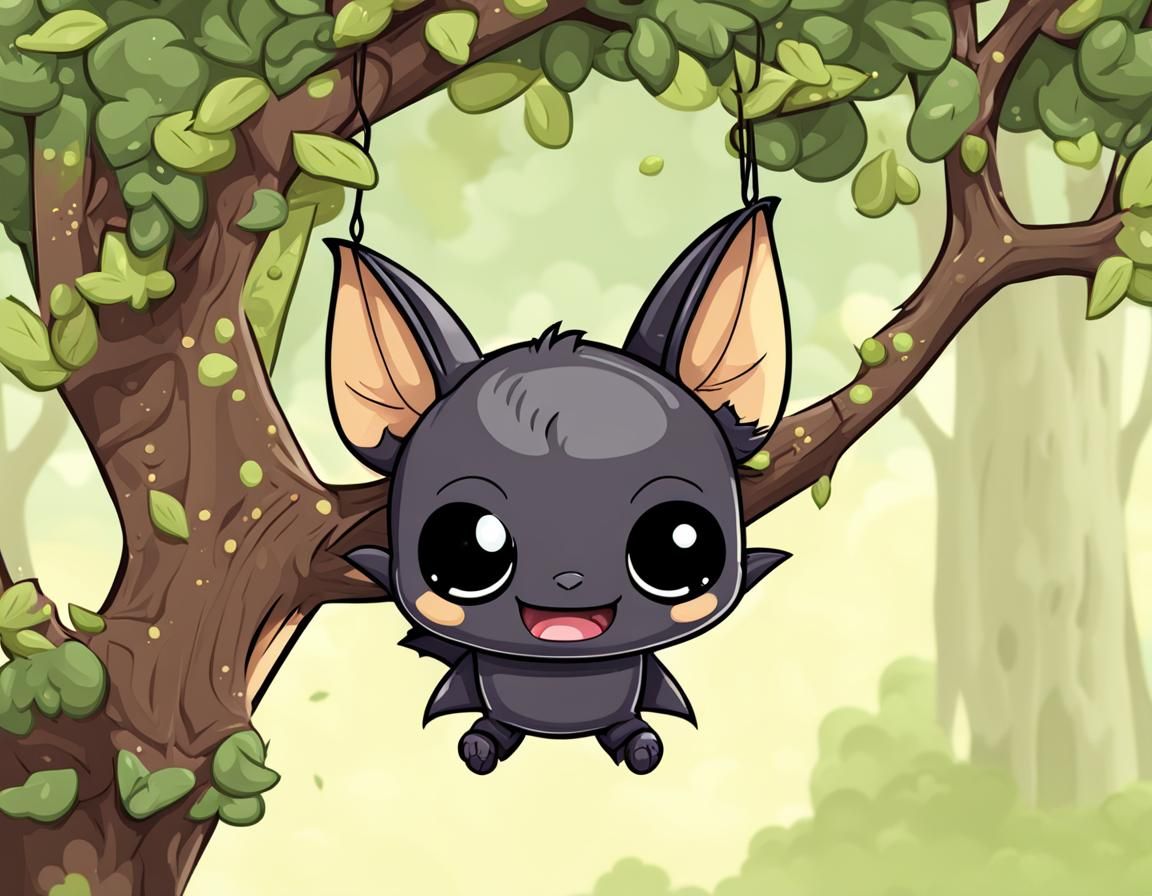 Cute Chibi Bat Hanging From Branch