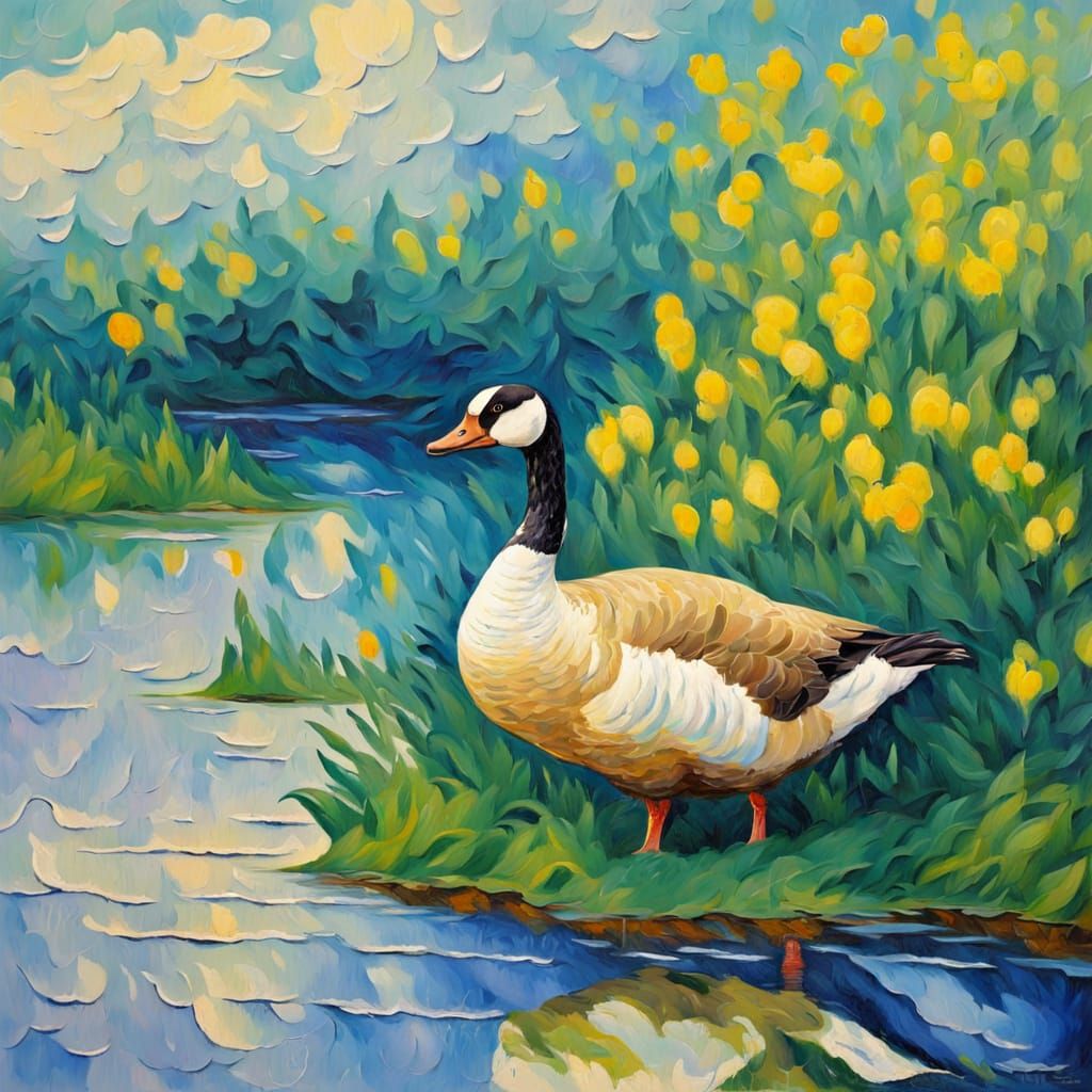Vibrant Neo-Impressionist Goose in Textured Oil Painting