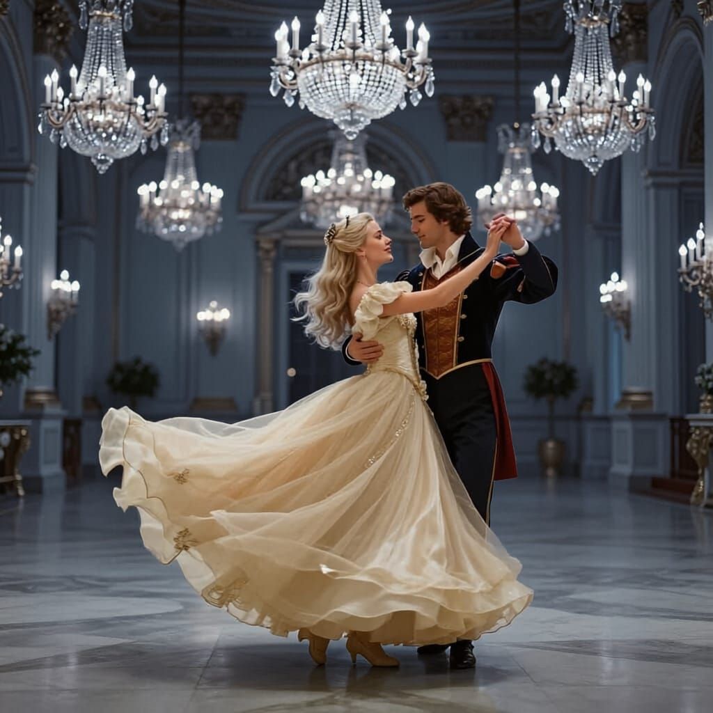 Realistic Woman Dances with Prince Charming in Ballroom