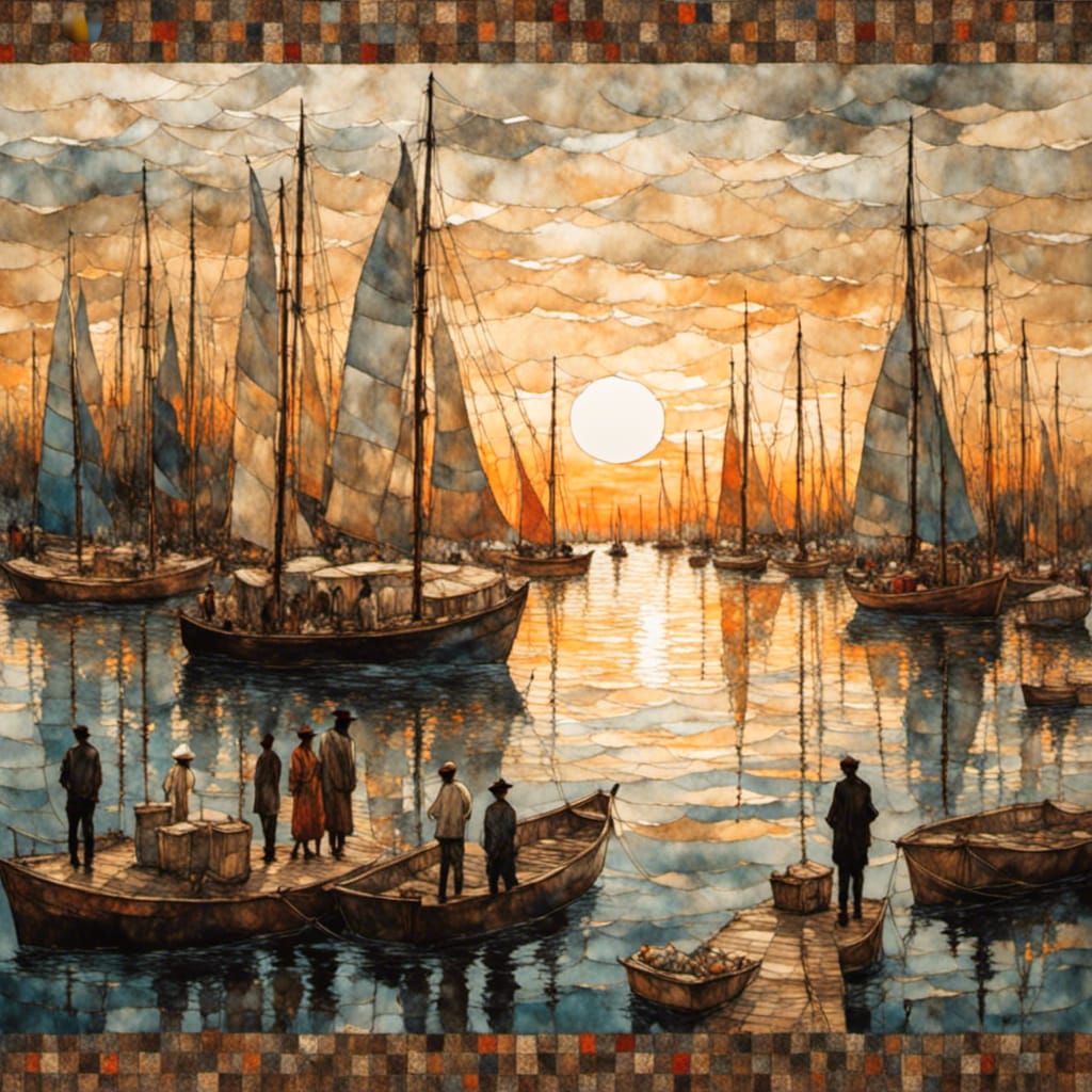 African Harbor at Sunset as Textile Quilt