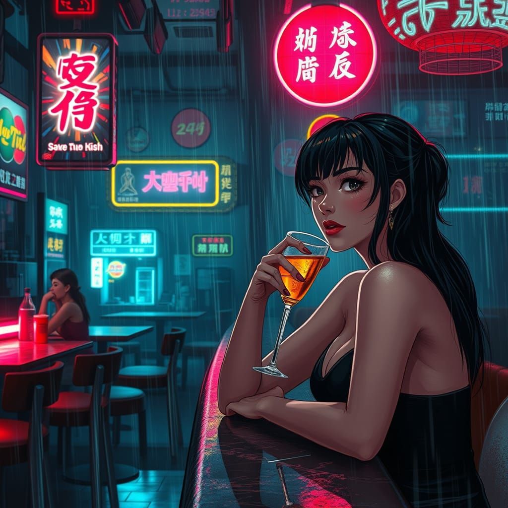 Surreal Cyberpunk Woman Sips Futuristic Cocktail in Rain-Soa...