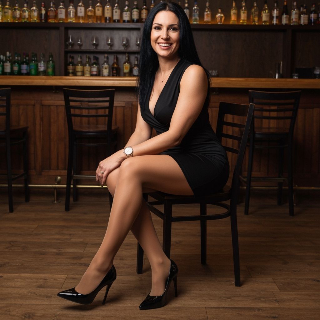 Raven Haired Woman in Black Minidress at Bar