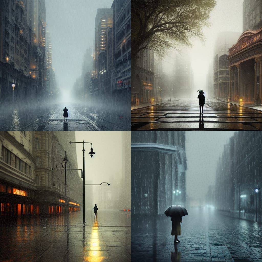 Lonely Figure Walking in Rain: Cinematic Digital Art