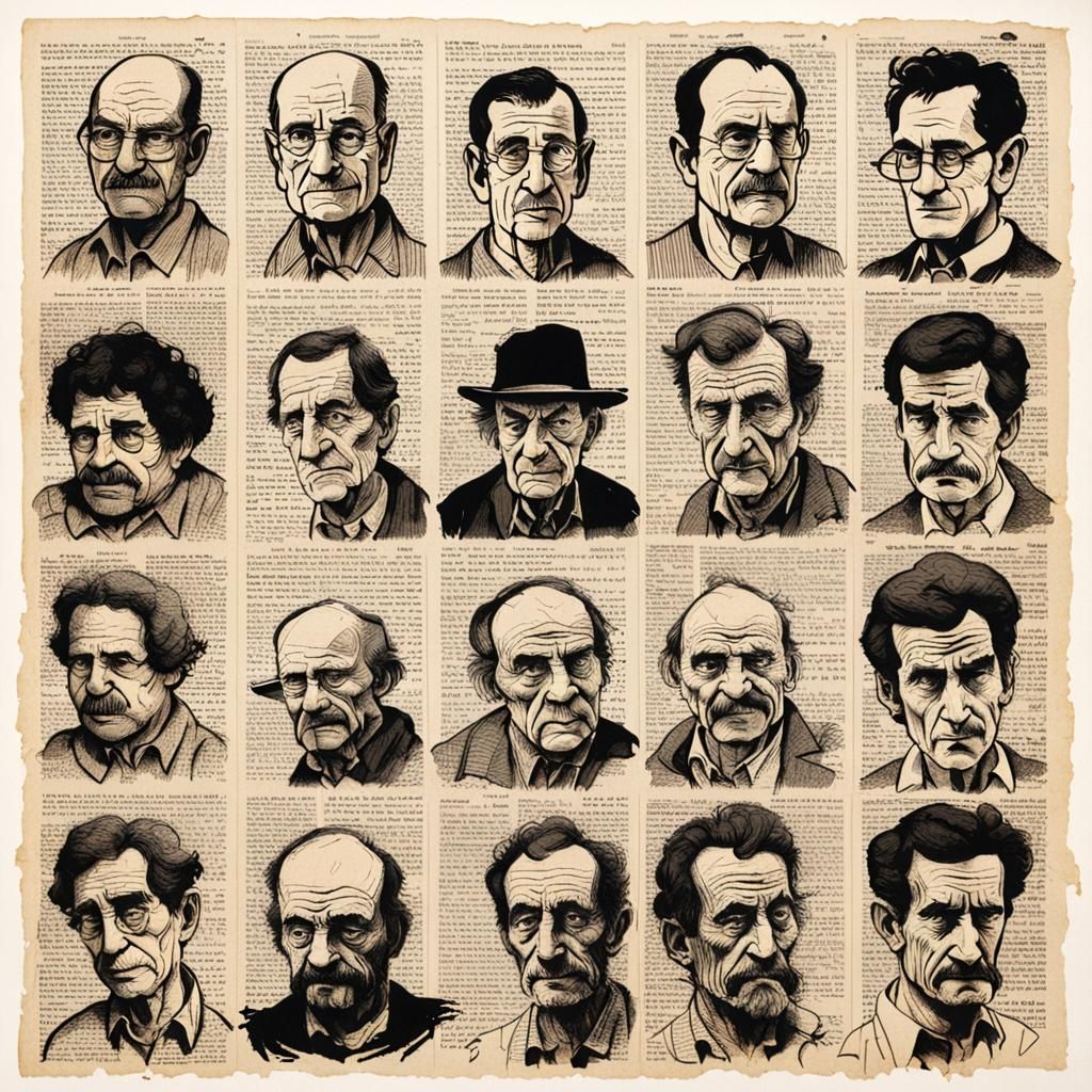 Cartoon Men on Newspaper in Line Art Style