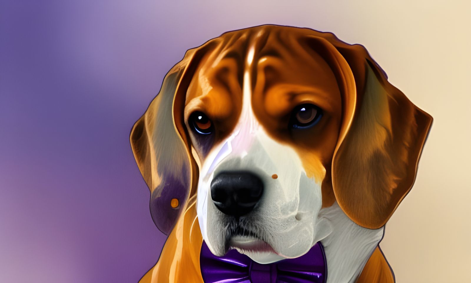Flappy Ears Golden Brown Pedigree Champion Beagle Wearing A Purple Bowtie
