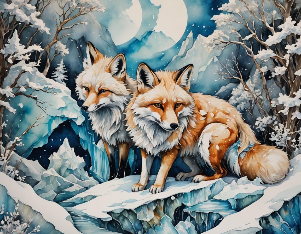 Kitsune Spirit in Glacial Alcohol Ink Landscape