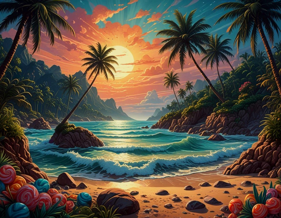 Candy Beach Surrealism with Palm Trees