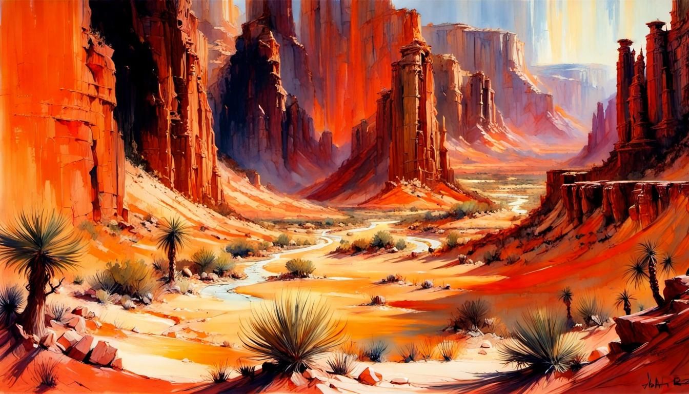 Detailed Desert Canyon Illustration in Warm Colors