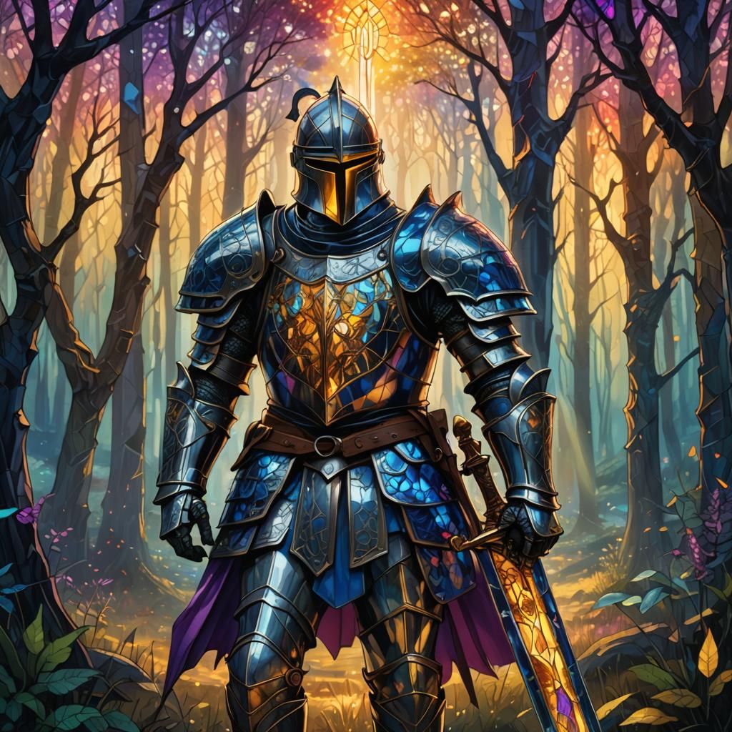Stained Glass Knight in Mystical Forest