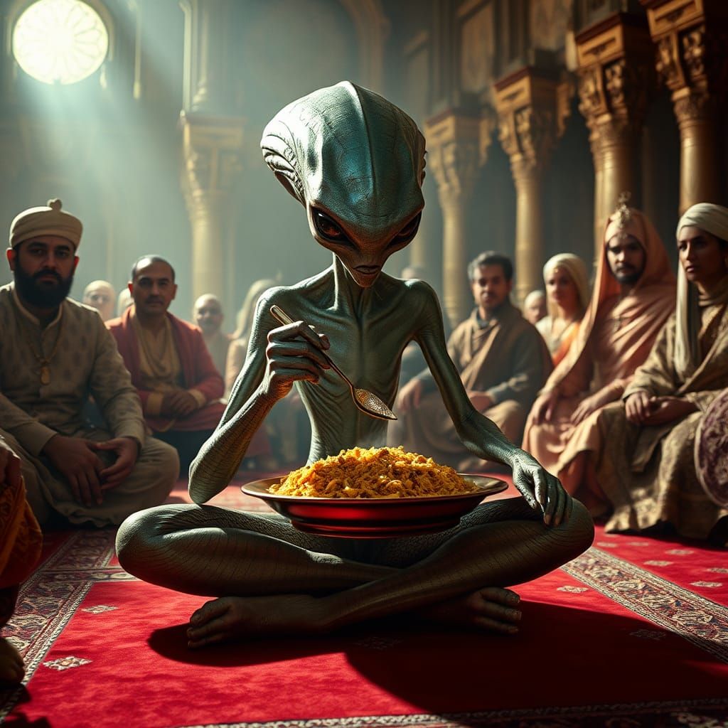 Alien Savoring Biryani in Akbar's Court