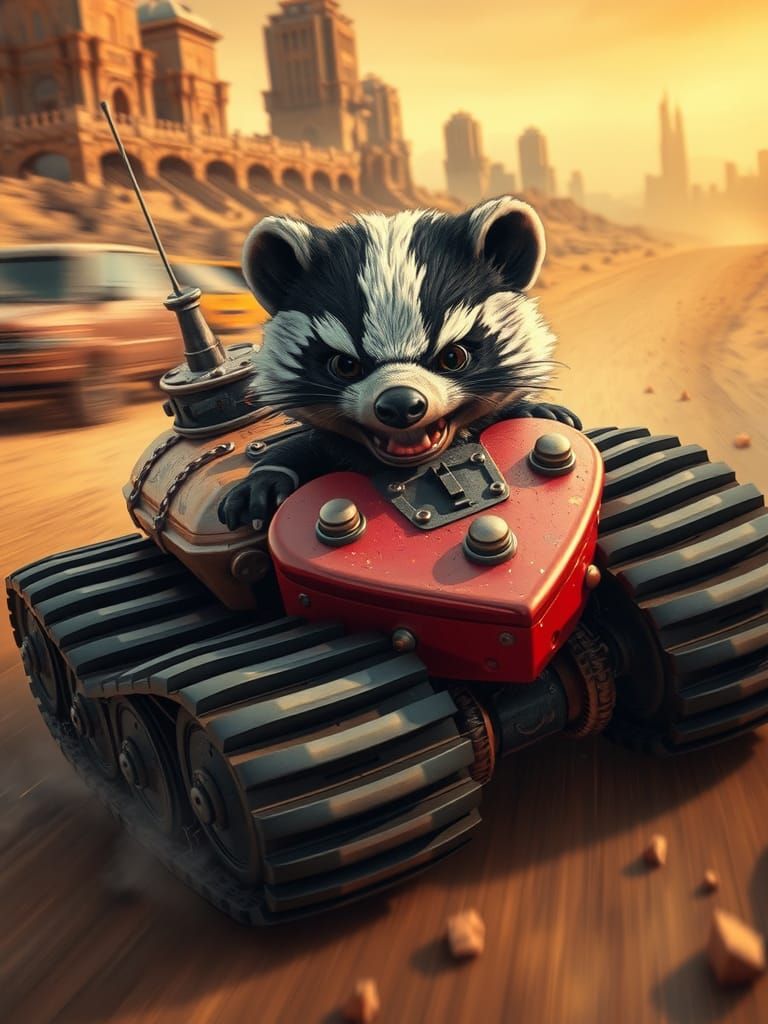 Chibi Badger Races Heart Tank in Mad Max Style