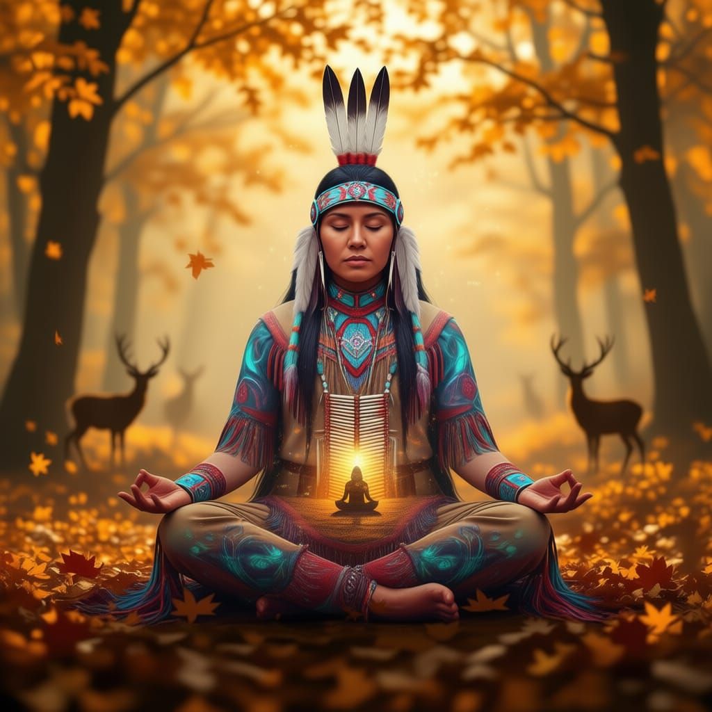 Mystical Native Woman Meditating with Double Exposure Effect
