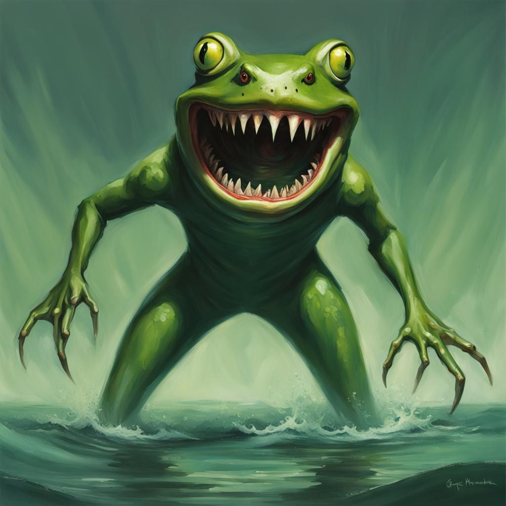 Sinister Green Frog-like Humanoid with Shark Teeth