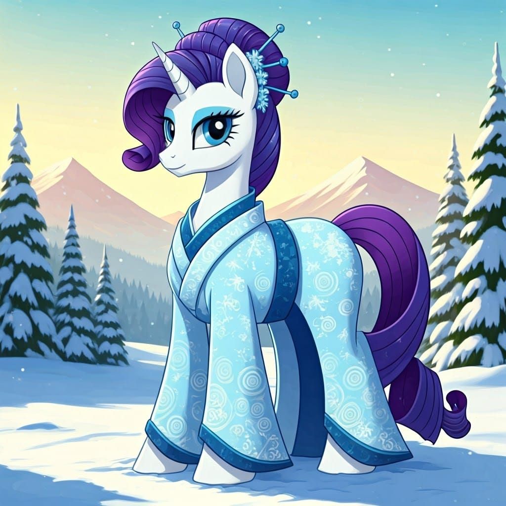 Elegant Winter Pony in Snowy Kimono