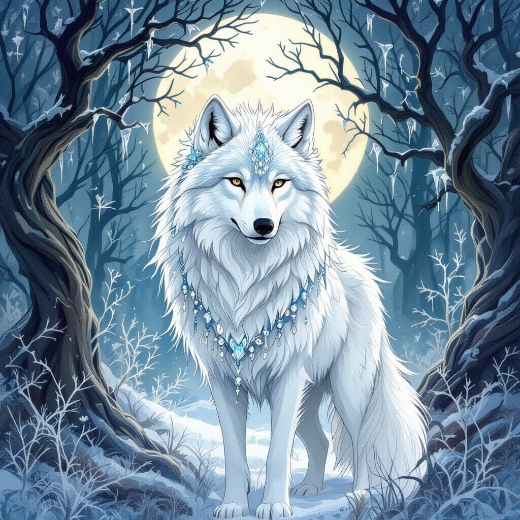 Mystical White Wolf with Ice Crystal Hairstyle