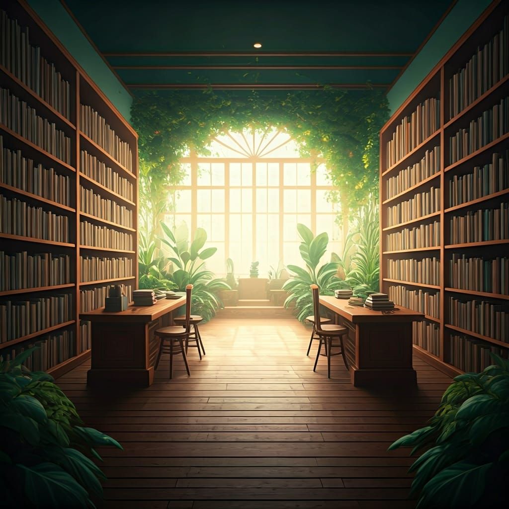 Zen Library with Dadaist Elements and Pastel Colors