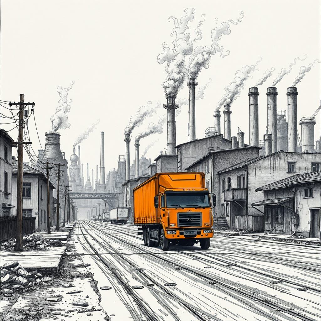 Sole Orange Truck Amidst Despondent Cityscape