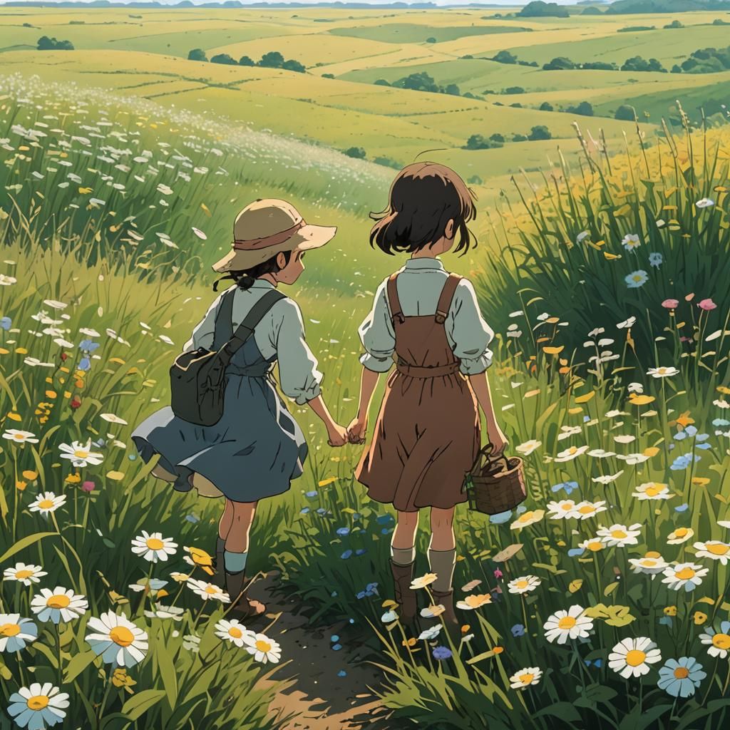 Pioneer Girl Picking Flowers: Studio Ghibli Anime Art