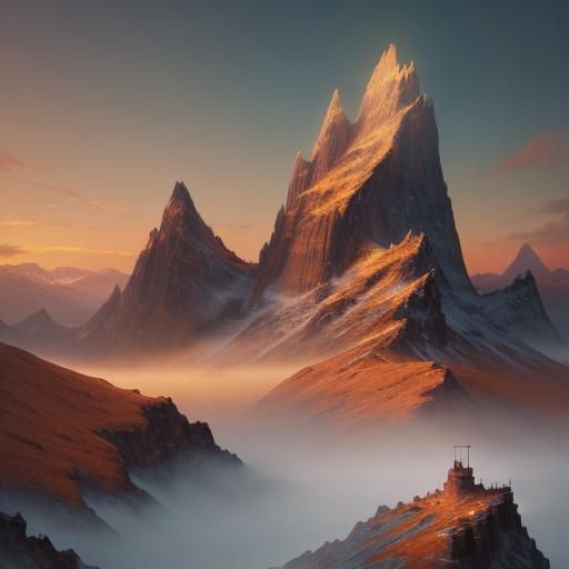 Fantasy Landscape Sunset Over Majestic Mountains