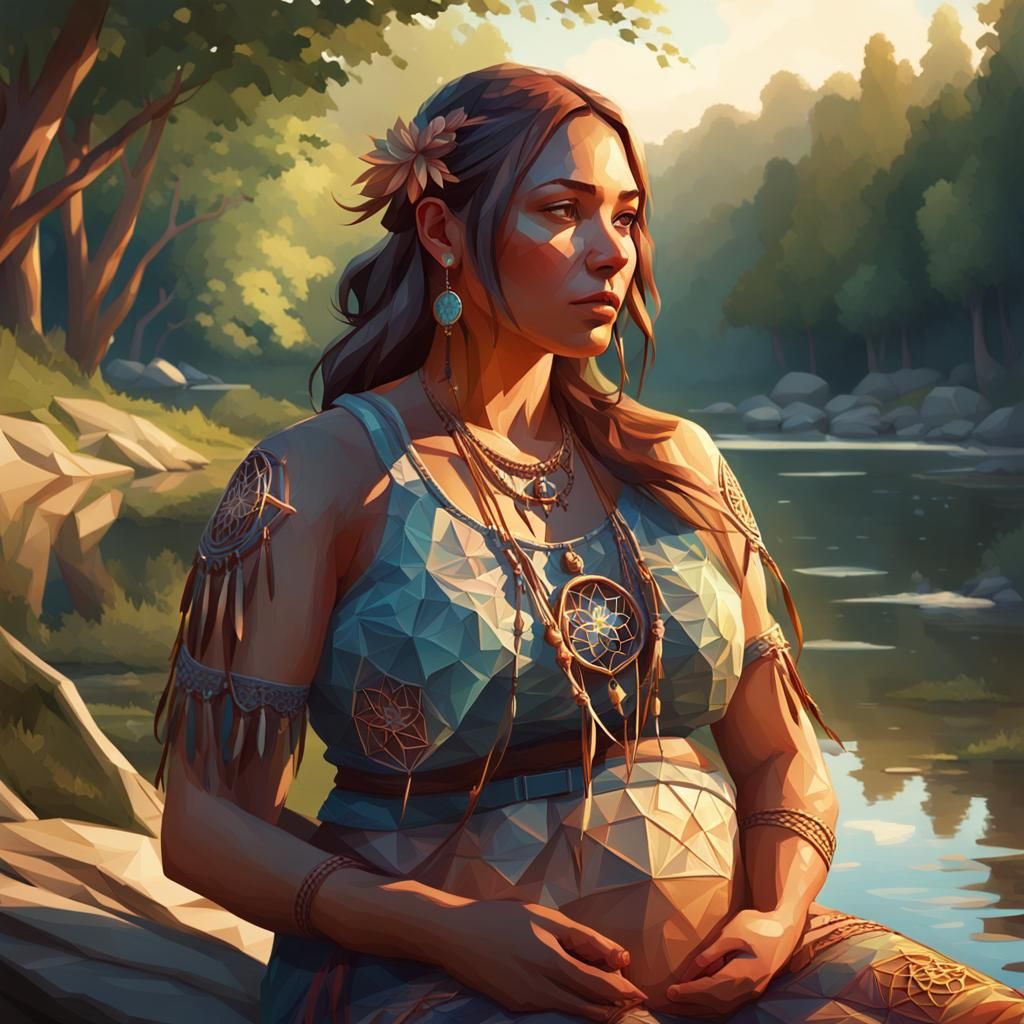 Girl with Huge Belly by River: Low-Poly Art