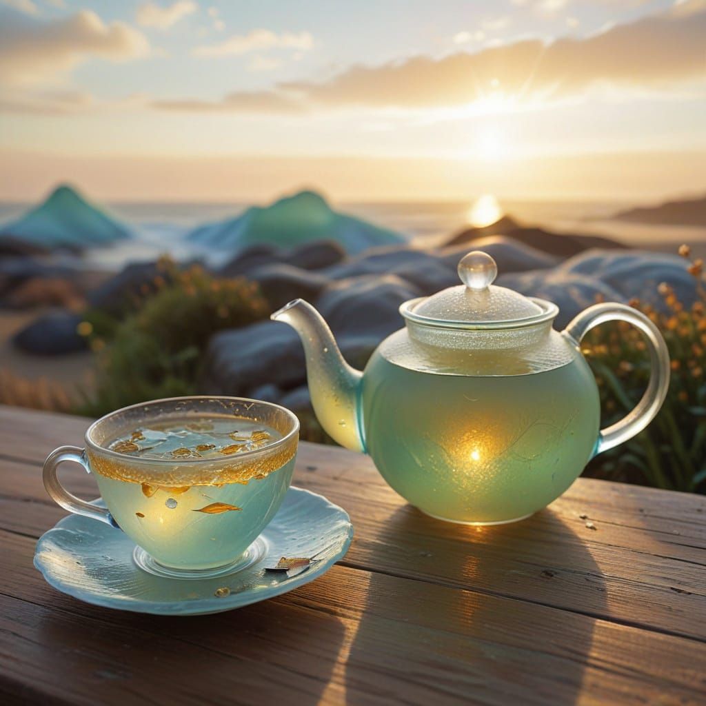 Vibrant Oil Painting of Sea Glass Teapot at Sunrise