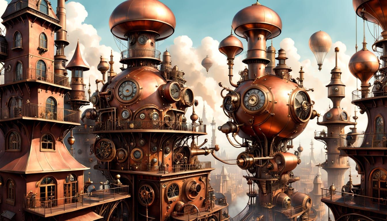 Whimsical Steampunk Metropolis in Golden Light