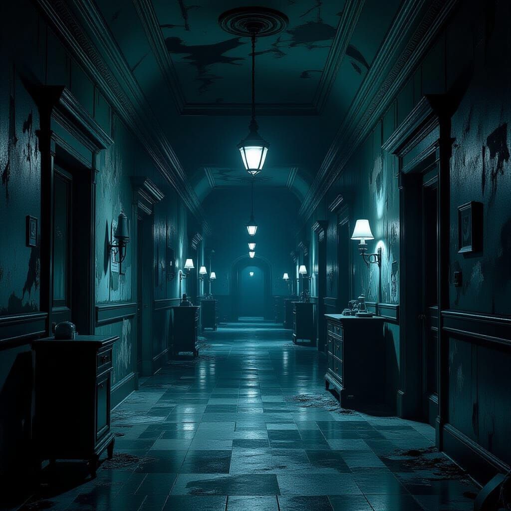 Gothic Haunted Hospital Corridor in Dramatic Chiaroscuro