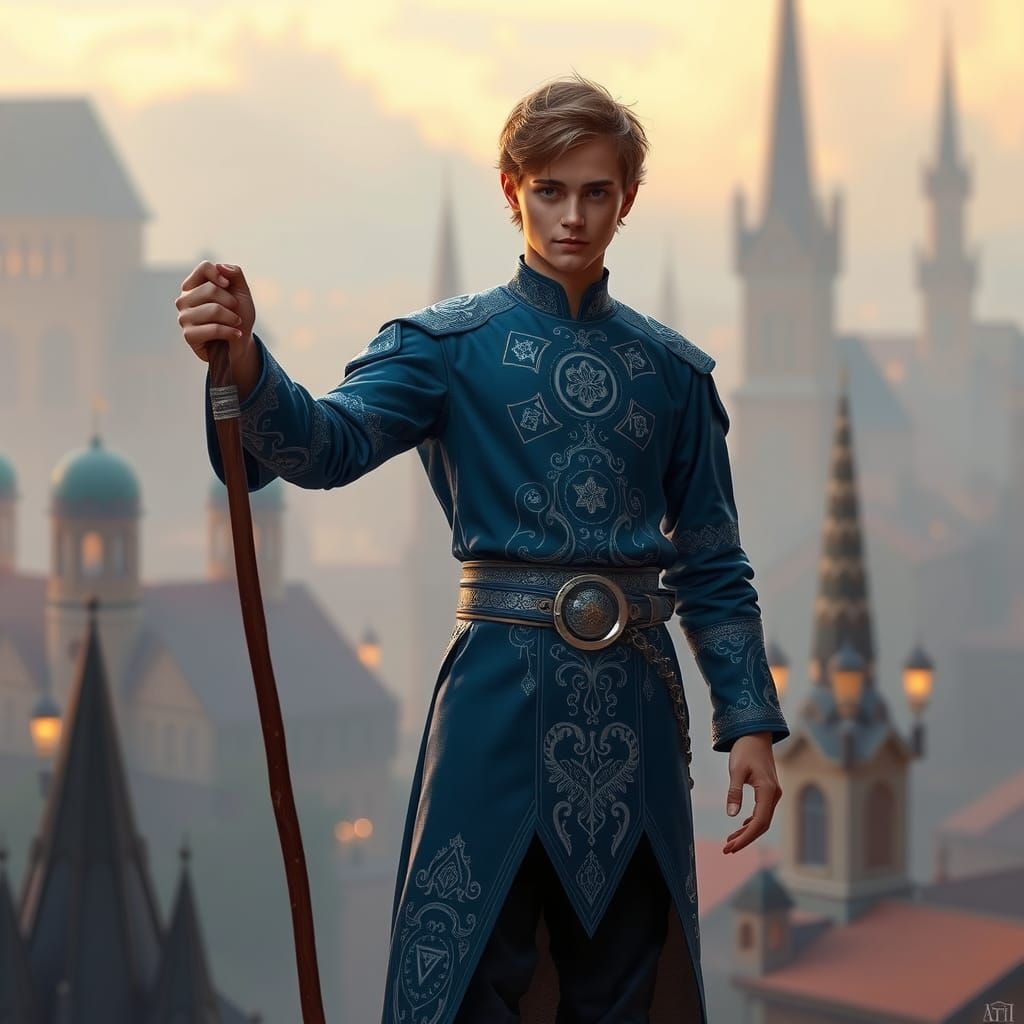 Confident Wizard in Ethereal Cityscape