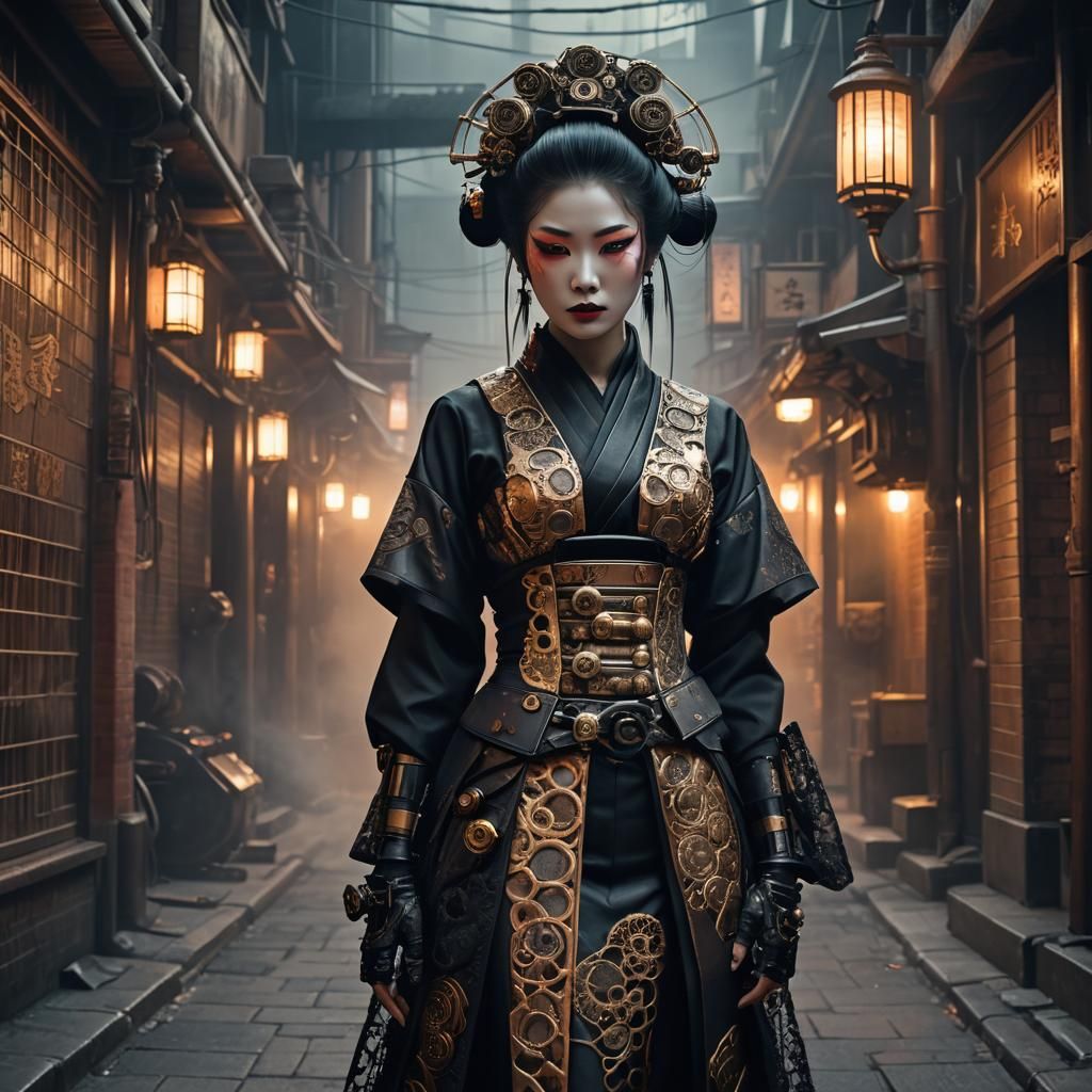 Steampunk Geisha in Dimly Lit Alleyway