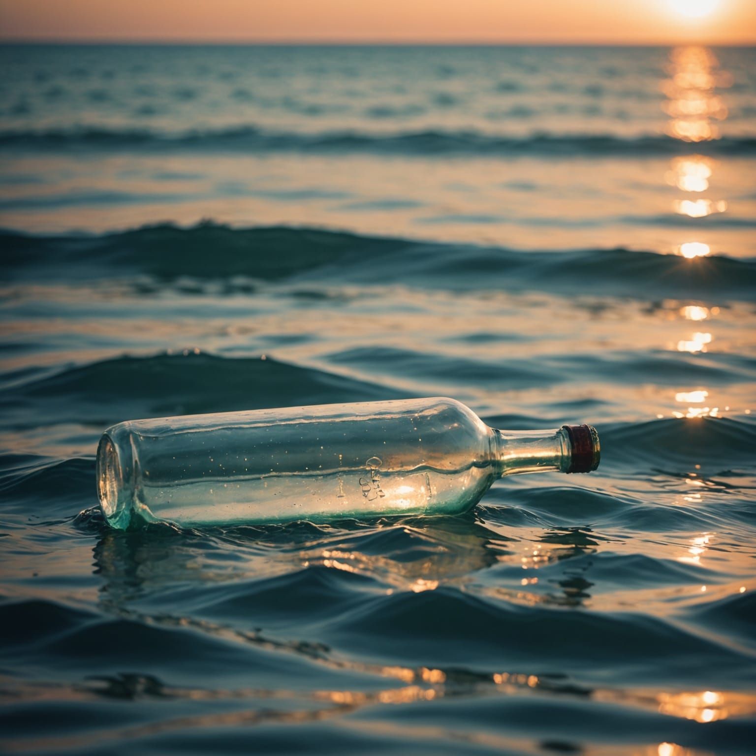 Empty Bottle Floating in Ocean Sea Bokeh