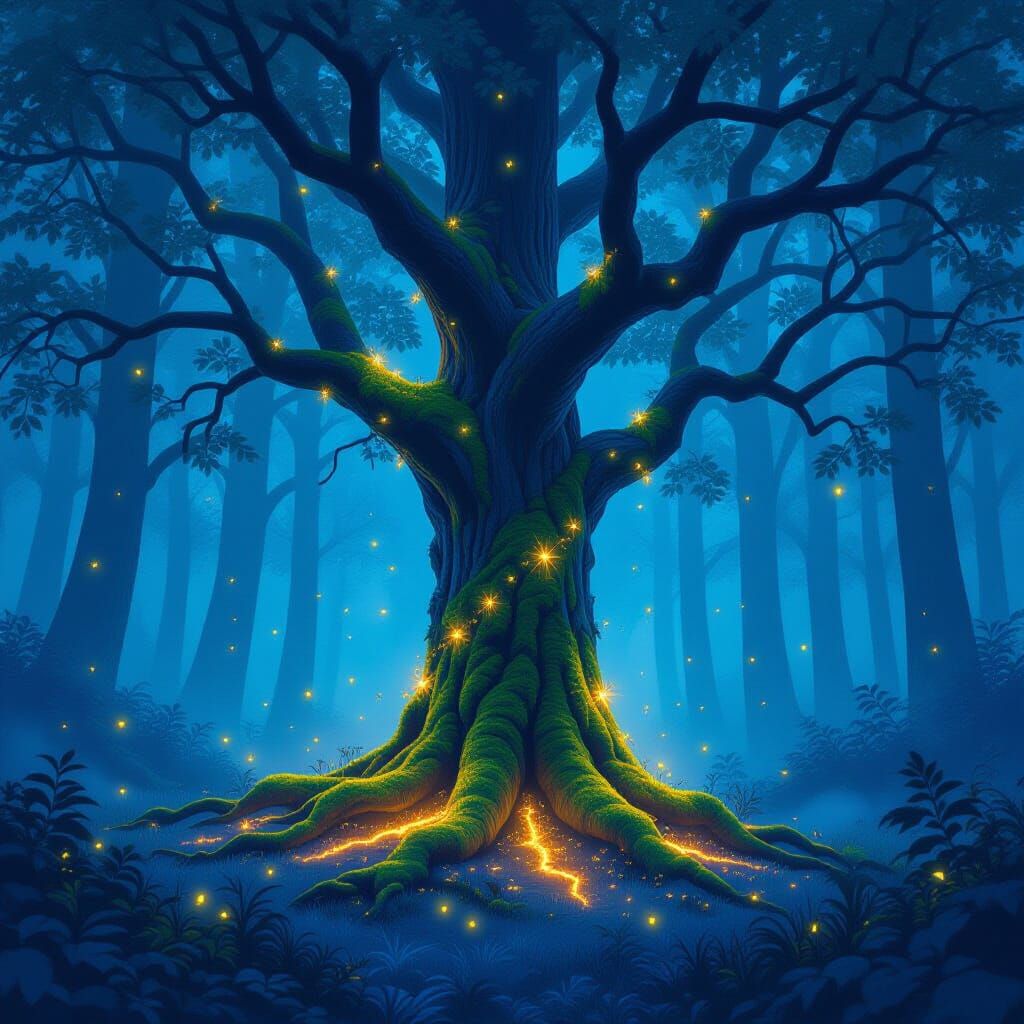 Mystical Tree in Blue Forest with Ethereal Lighting