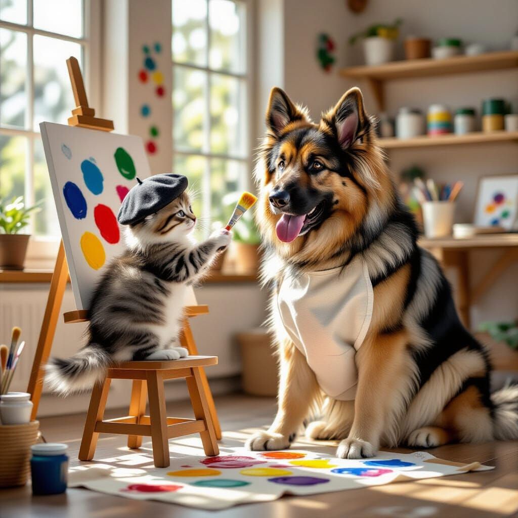 Kitten Teaches German Shepherd To Paint Whimsical Art