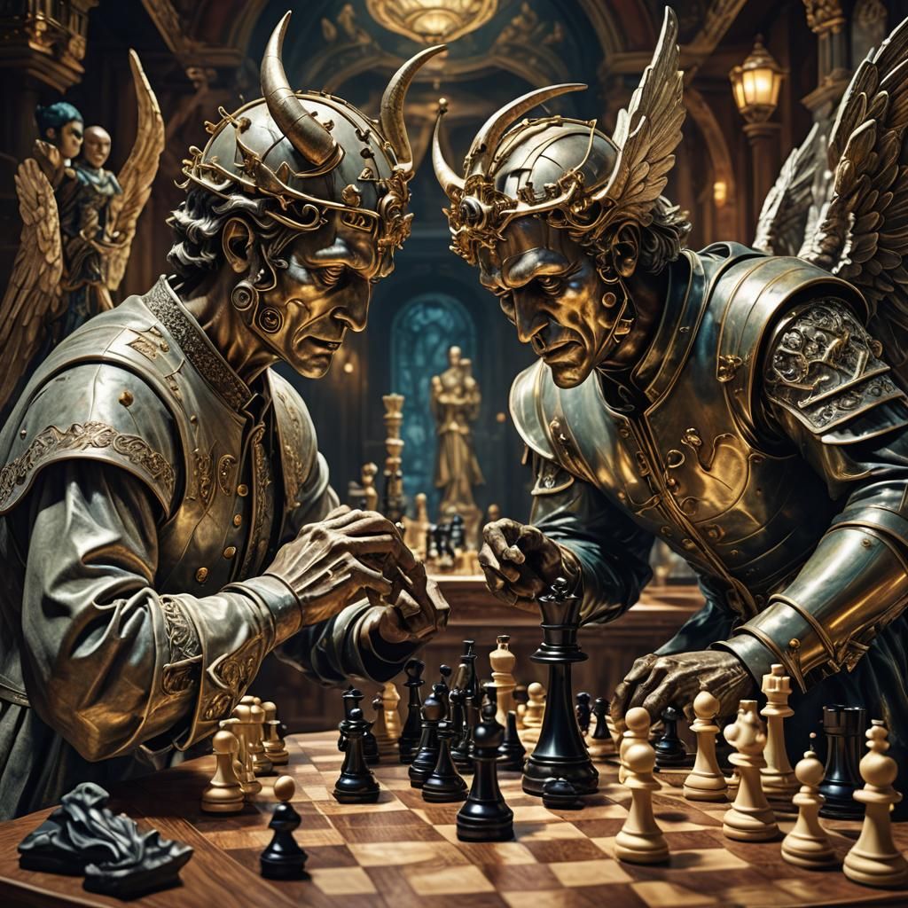 Angel and demon statues playing Chess