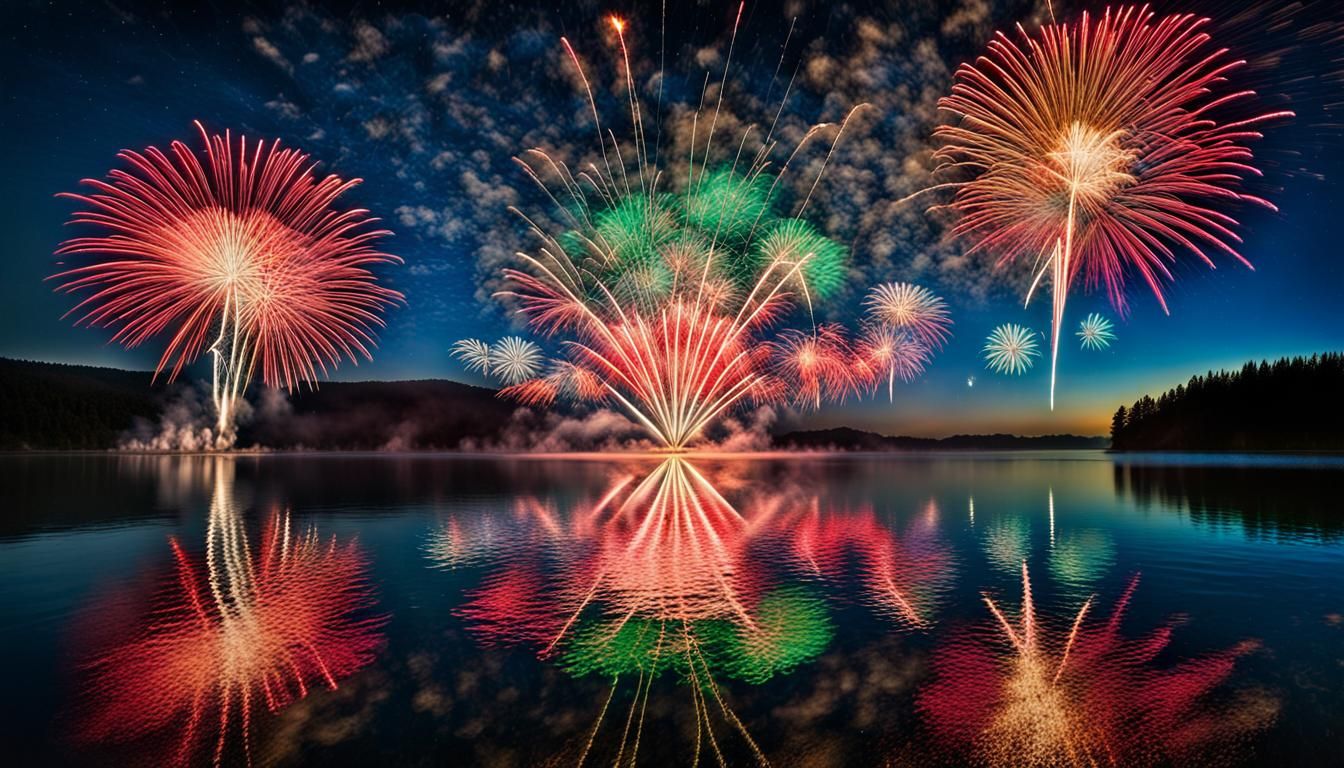 Vibrant Fireworks Display Over Calm Lake