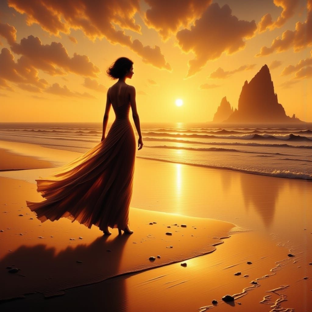 Woman on Beach at Sunset in Digital Painting Style