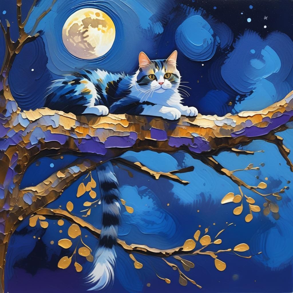 Cat Under Moon in Whimsical Gouache Style