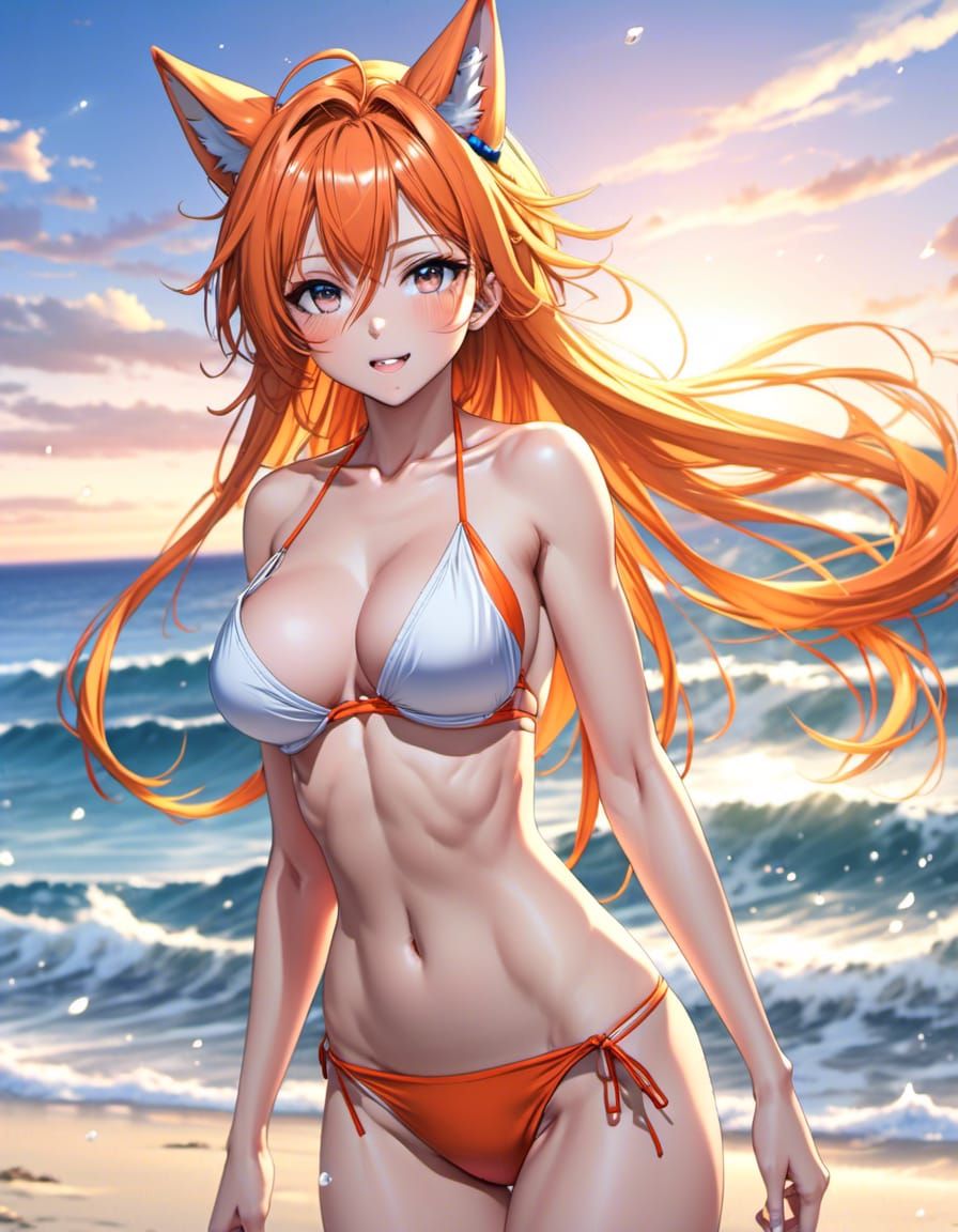 Anime Girl with Wolf Ears at Sunset Beach