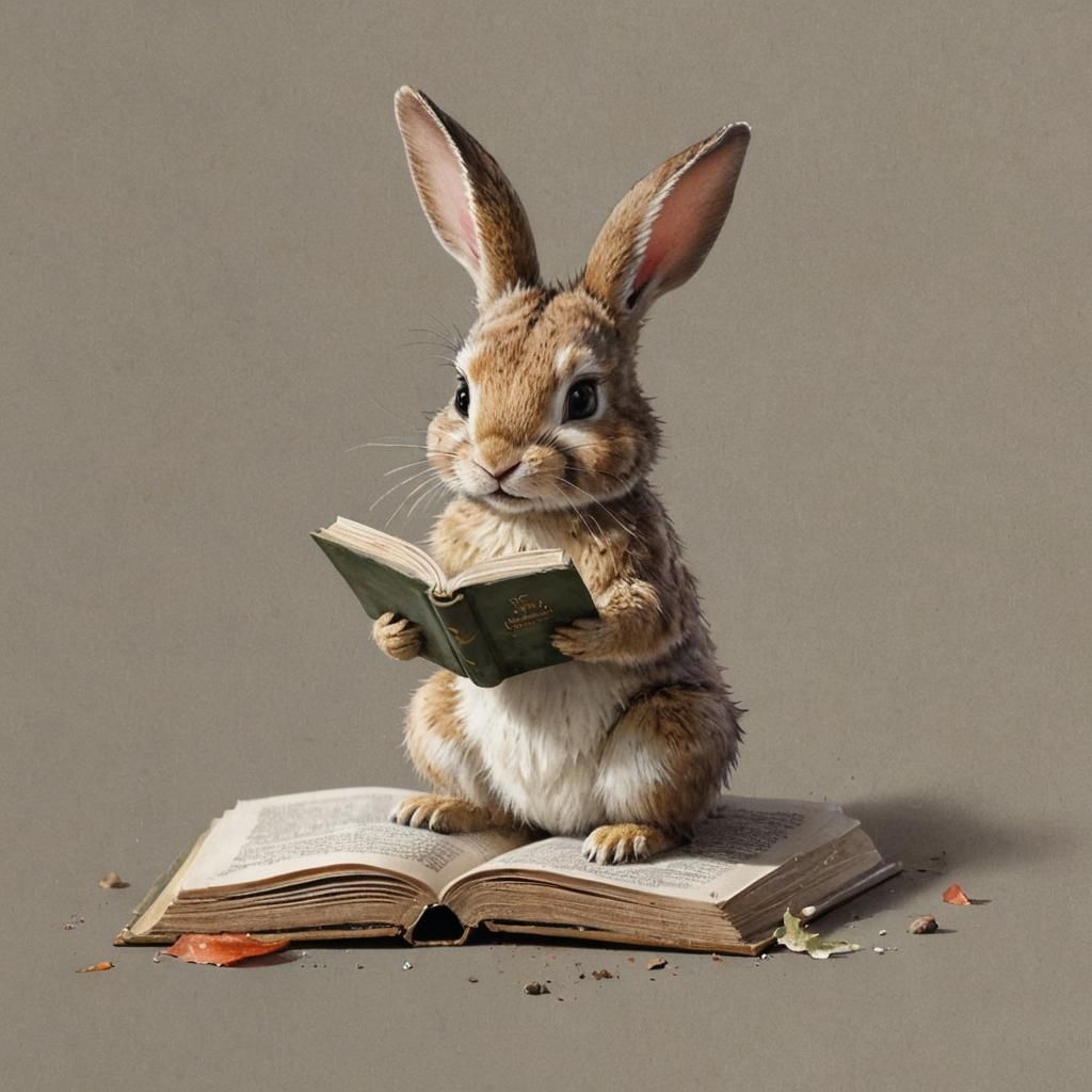 Anthropomorphic Rabbit Reading Book in Watercolor Style