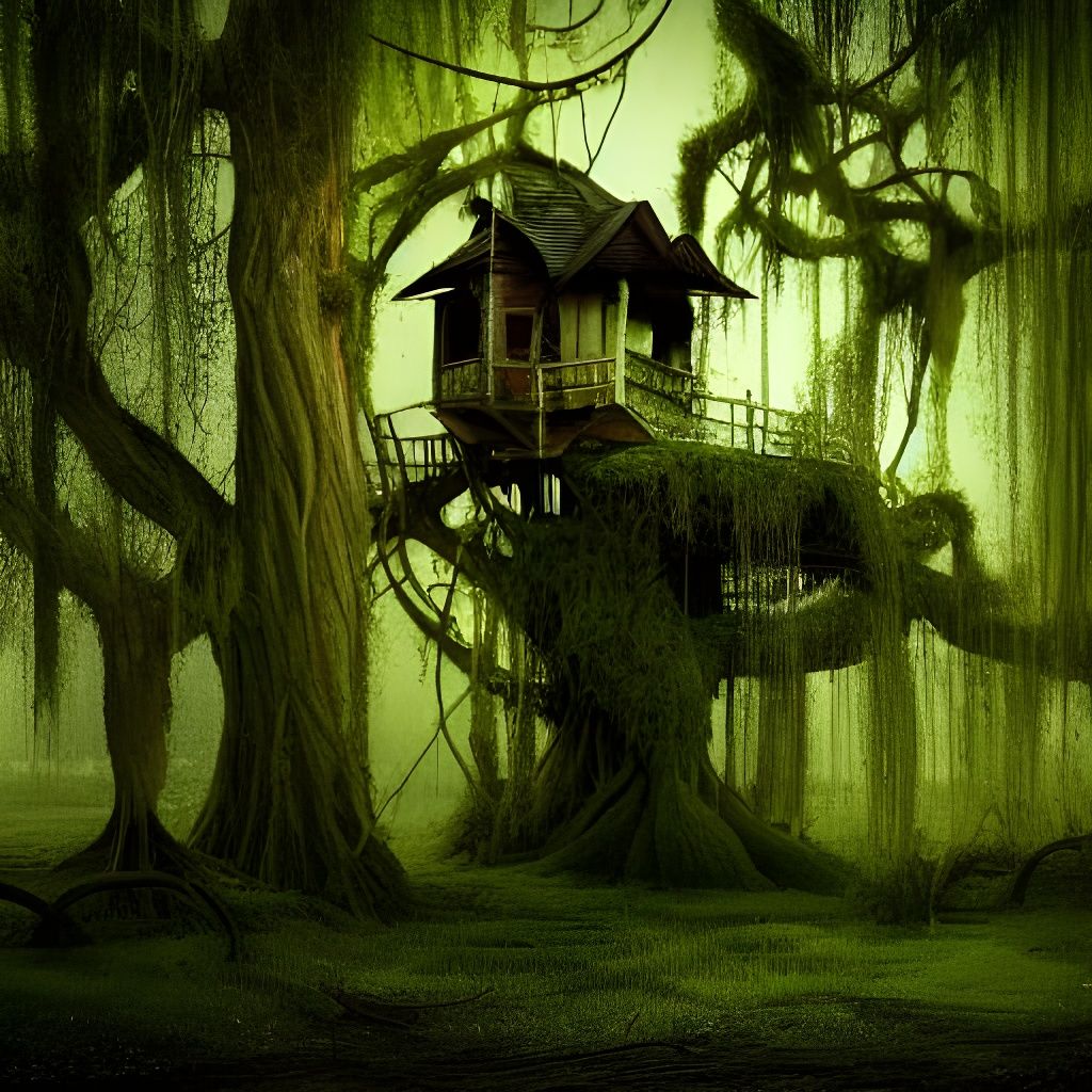 Derelict Treehouse in Swamp at Night