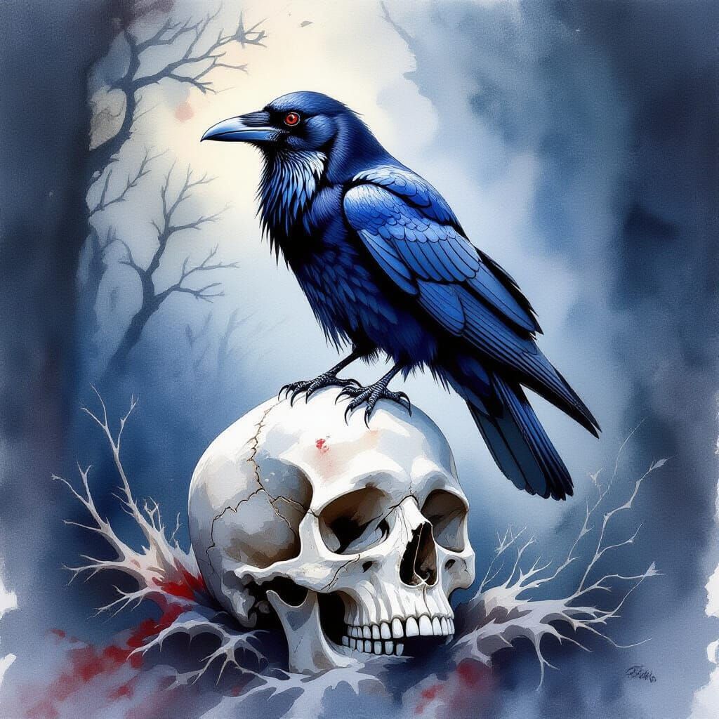 Raven Perched on Skull in Watercolor Style