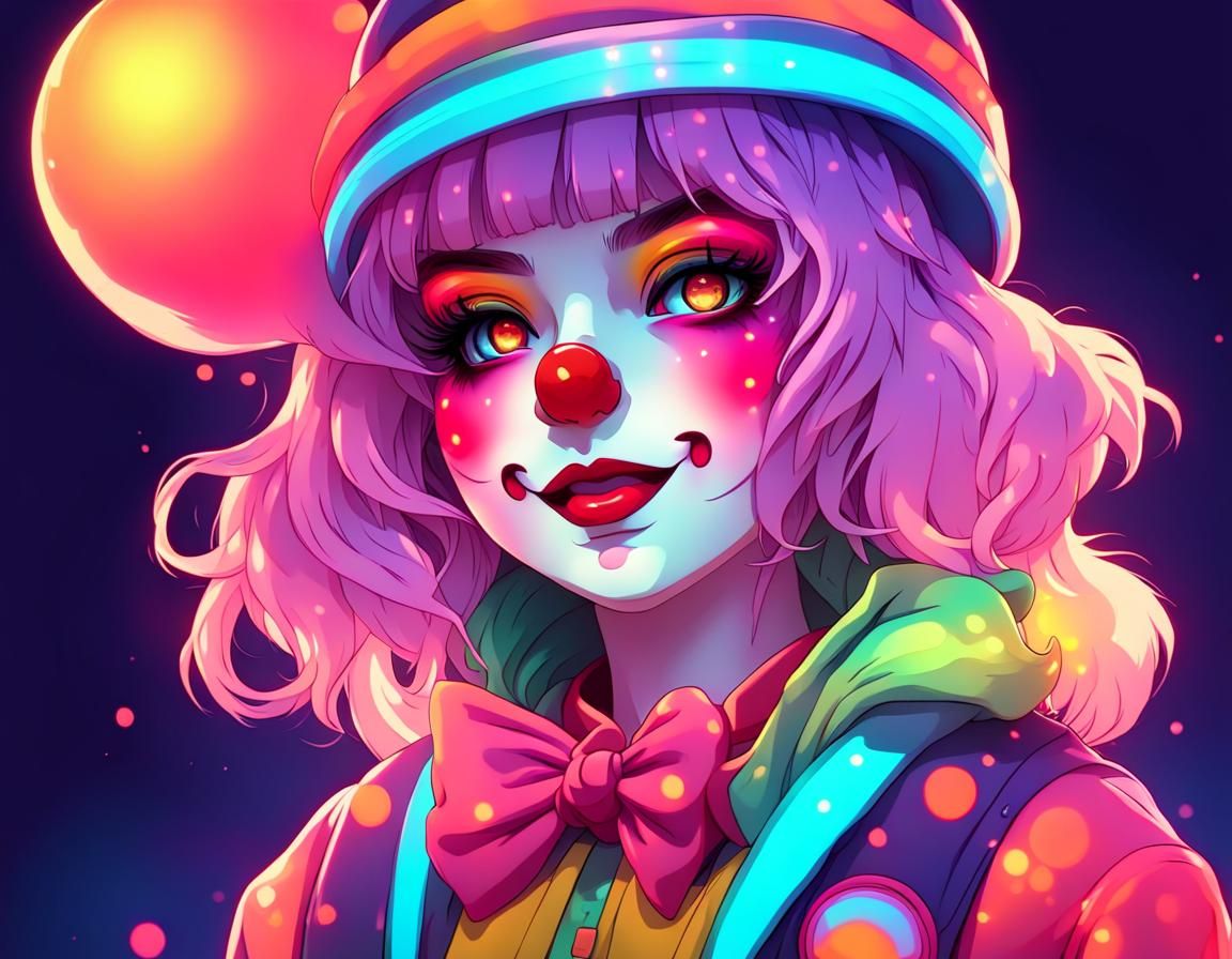 Anime Clown Girl in Glowing Neon Style