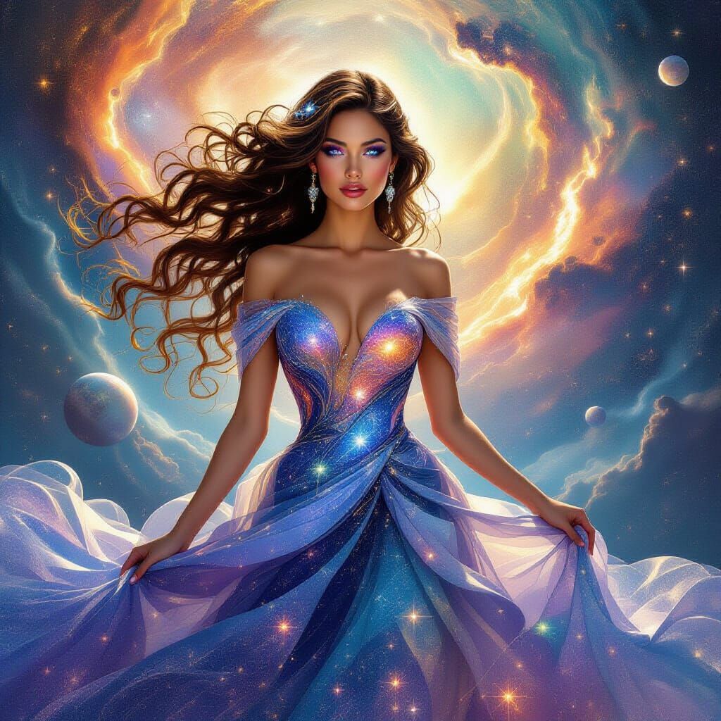 Celestial Woman Emerging from Nebula in Cosmic Surrealism