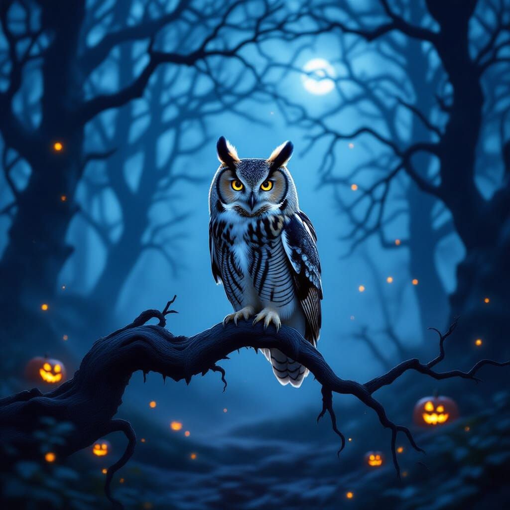 Cinematic Halloween Forest with Detailed Owl in Eerie Twilig...