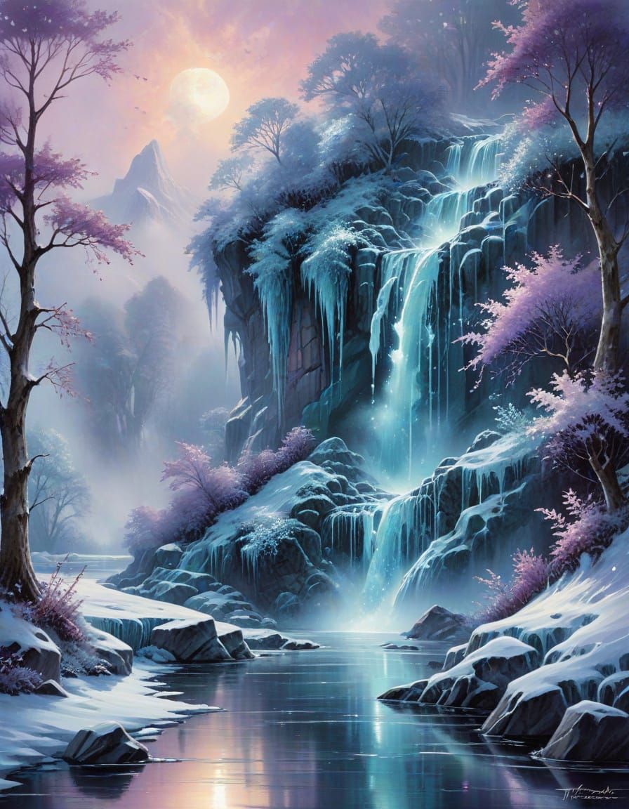 Frozen Waterfall and Moonlit Pond in Watercolour and Ink