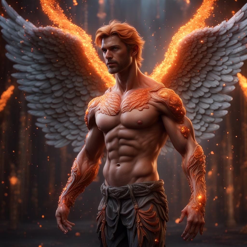 Hyperrealistic Mystical Angel with Orange Sparkles