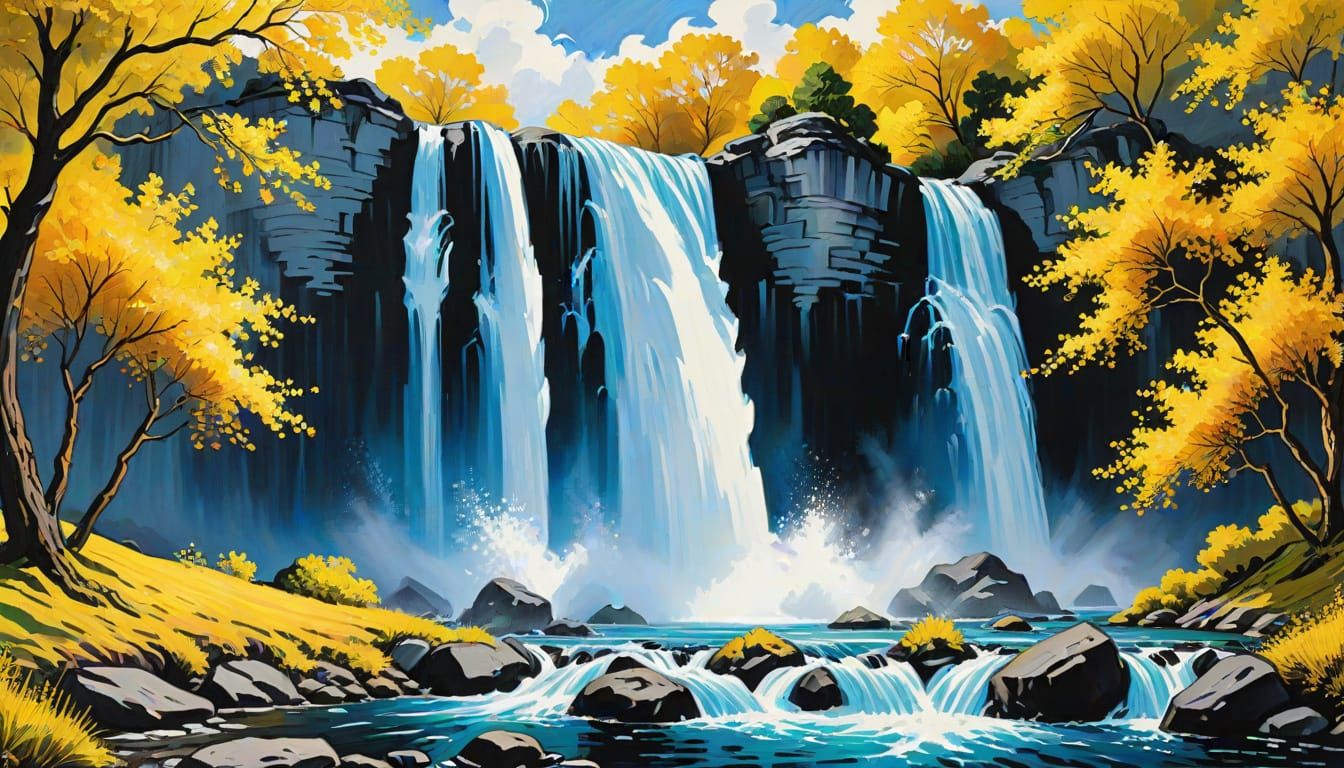 Majestic Waterfall as Impressionistic Ink Drawing