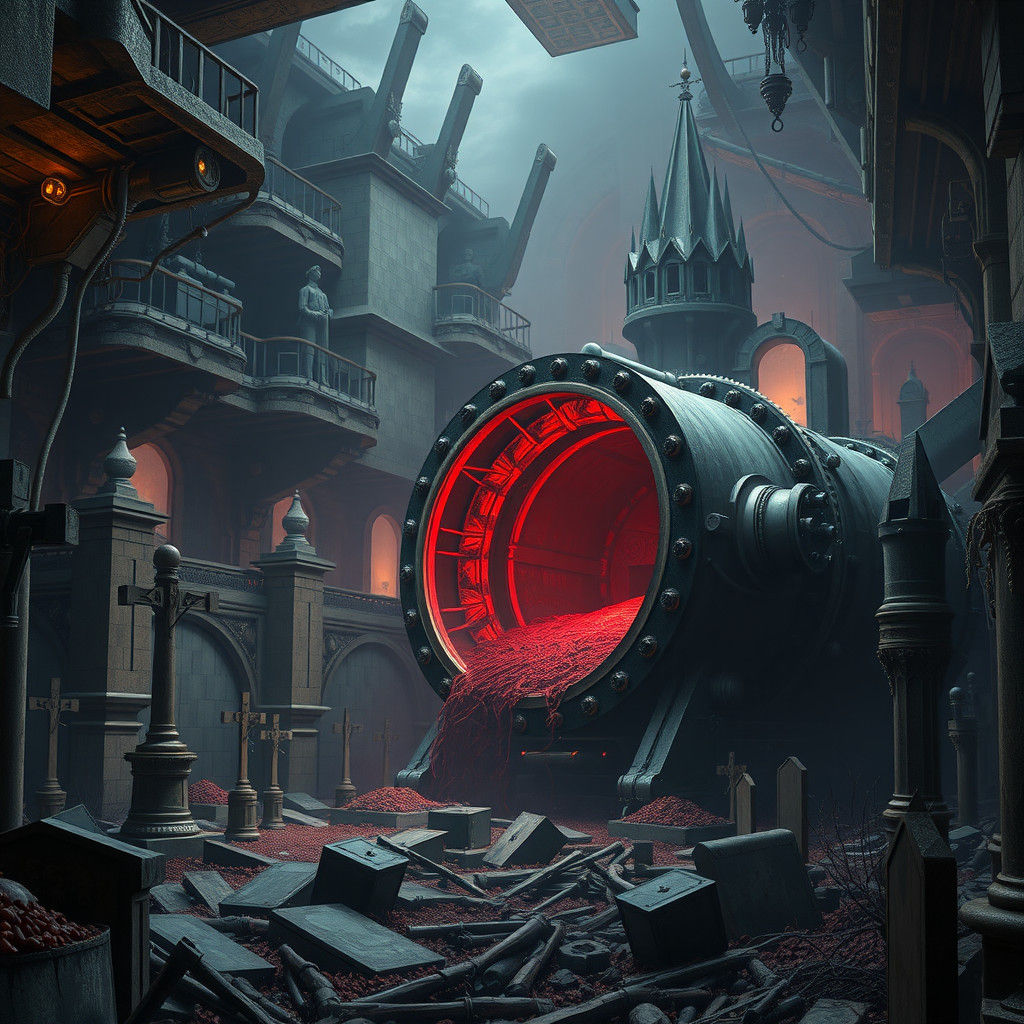 Eerie Underground Cemetery with Mechanical Beasts