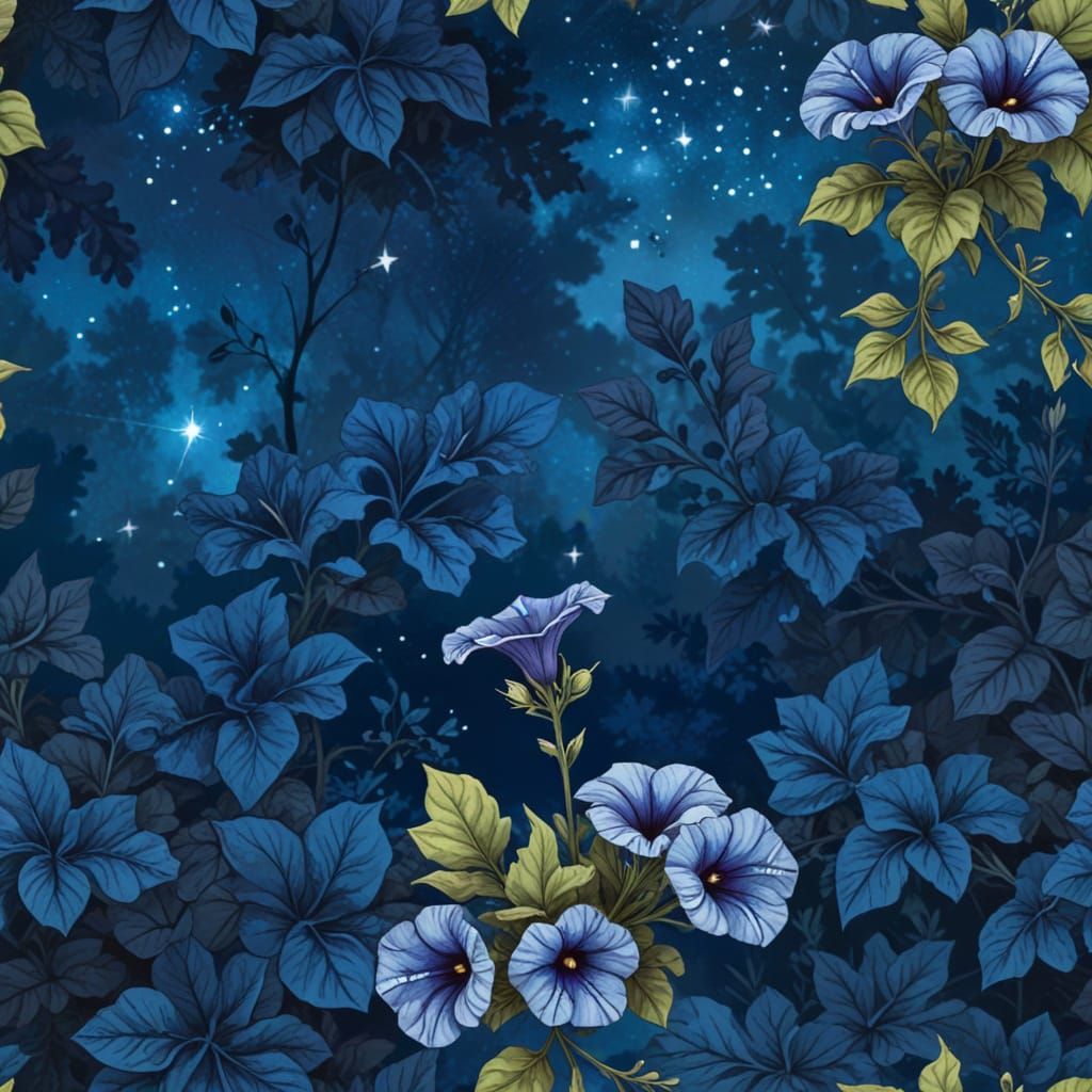 Enchanted Blue Petunias in a Mystical Forest